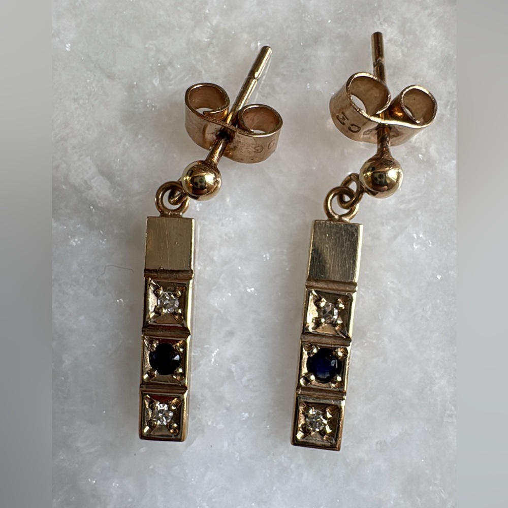 Vintage English 9K Gold Diamond and Sapphire Earrings